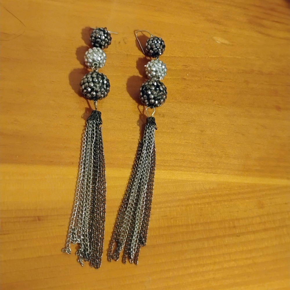Black and Silver Beaded Tassel Drop Earrings